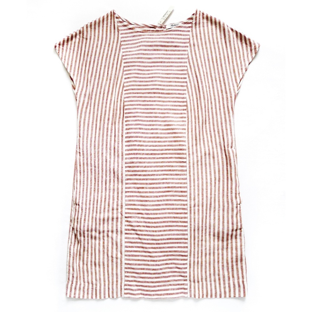 NWT MADEWELL Striped Play Button Back Tee Linen Blend Dress + Pockets XS